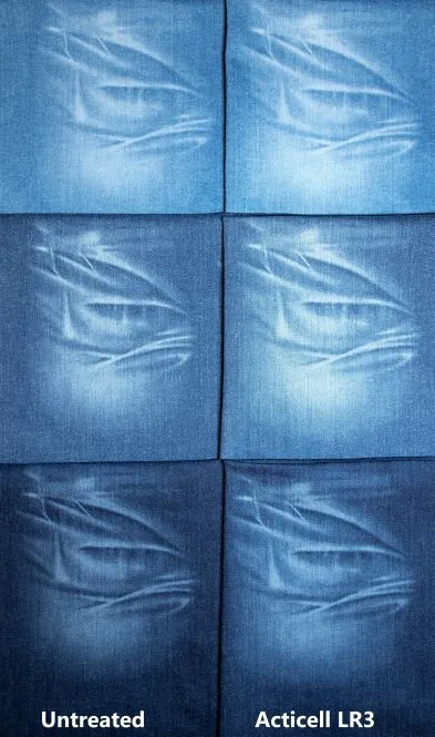 Side-by-side comparison of lasered denim, untreated on the left and treated with Acticell LR3 on the right